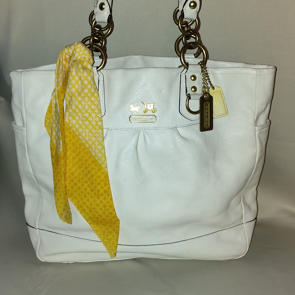 Coach White Leather Tote Bag with Yellow Scarf